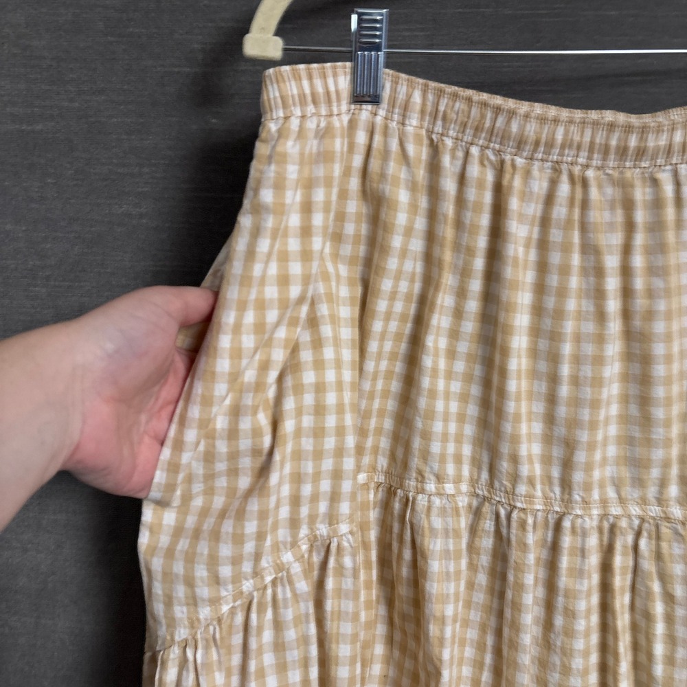 Old Navy Skirt XL Tan Gingham Cotton Curved Tiered Midi Preppy Summer Casual - Picture 3 of 9